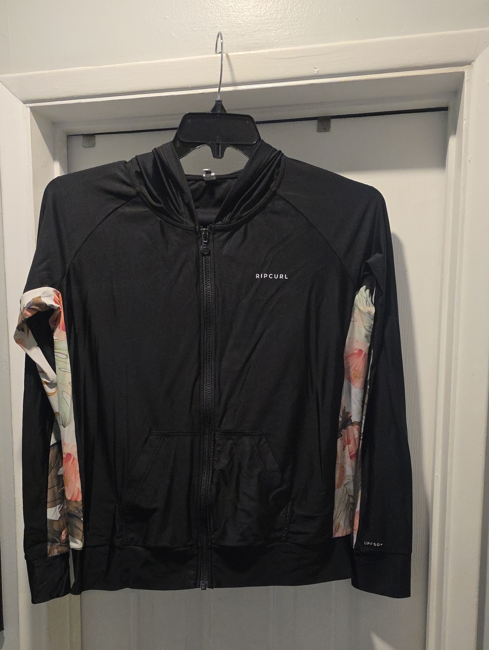 Rip Curl Black Lightweight Full-Zip Jacket with Floral Sleeve Accents